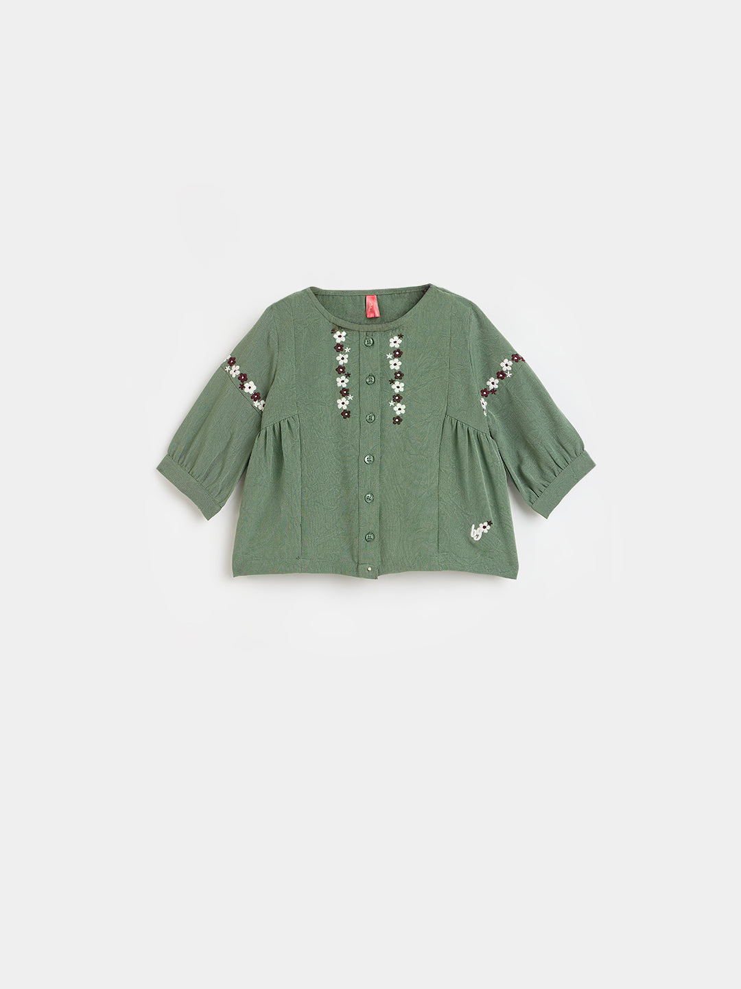 Blue Giraffe Girls Olive Green Embroidered Fit & Flared Top