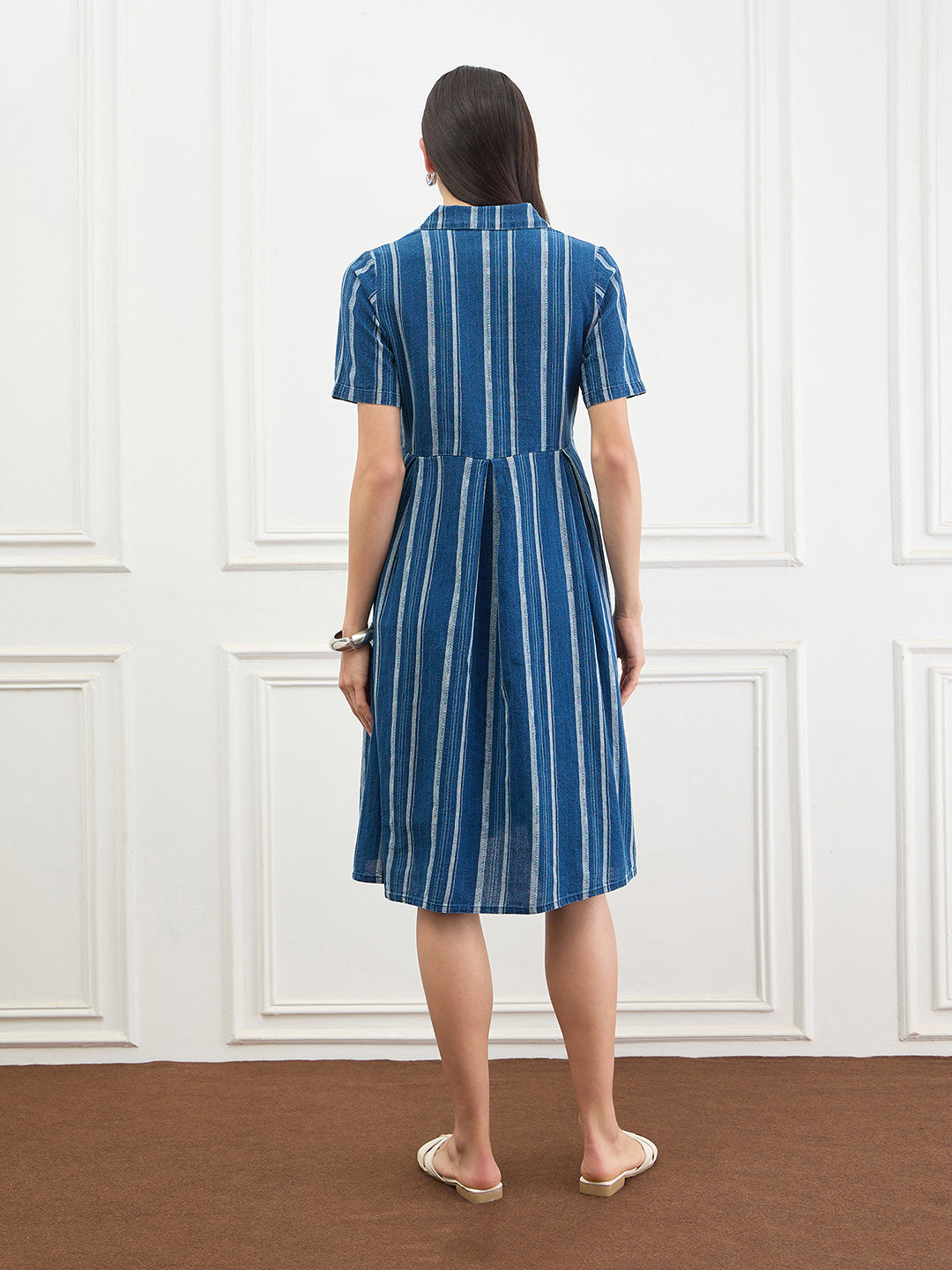 ICONIC Women Cotton Blue Striped Dress