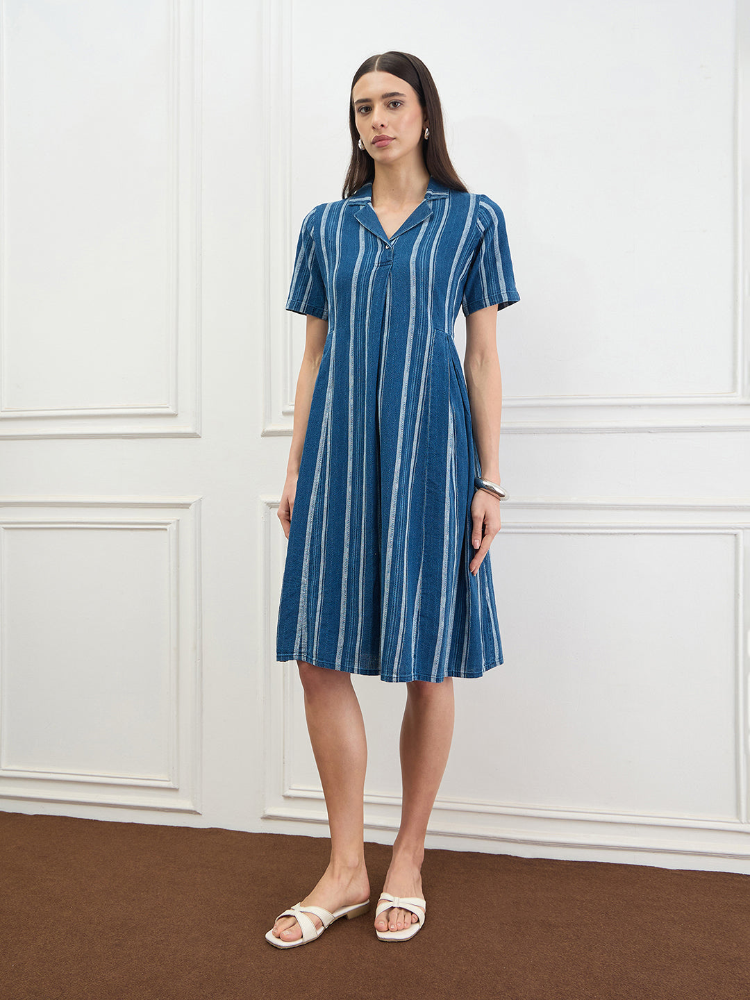Iconic Women Cotton Blue Striped Dress