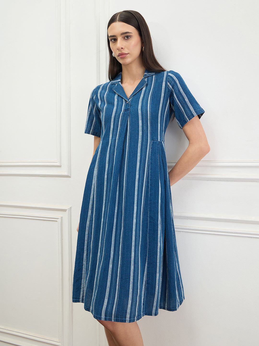 Iconic Women Cotton Blue Striped Dress