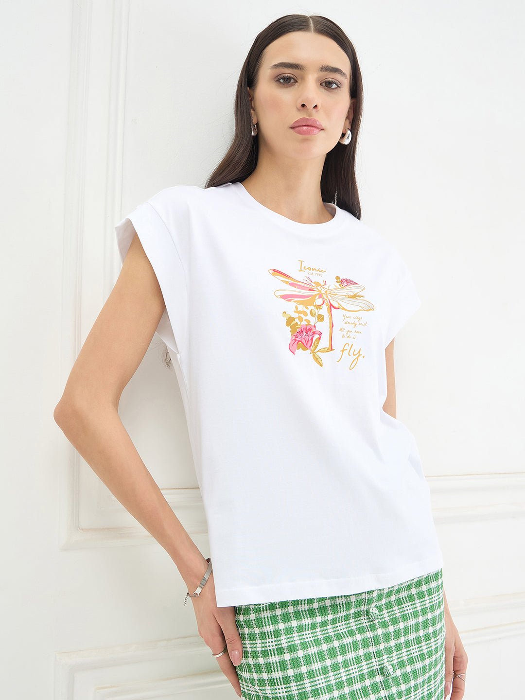Iconic Women Cotton White Printed T-Shirt