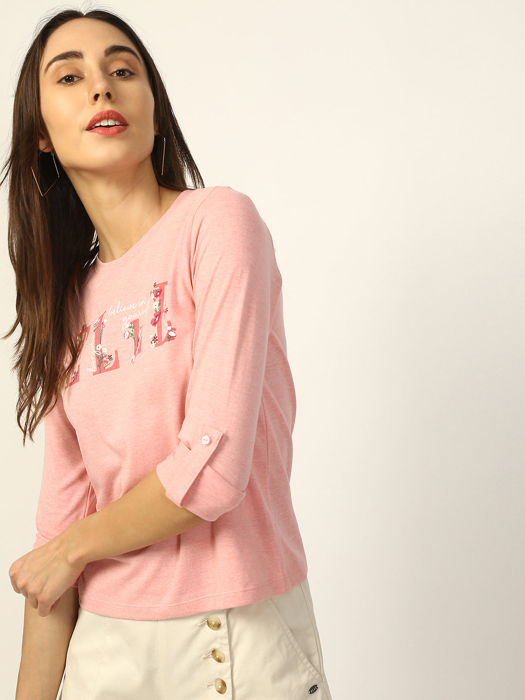 Elle Women Pink Embroidered Round Neck TShirt