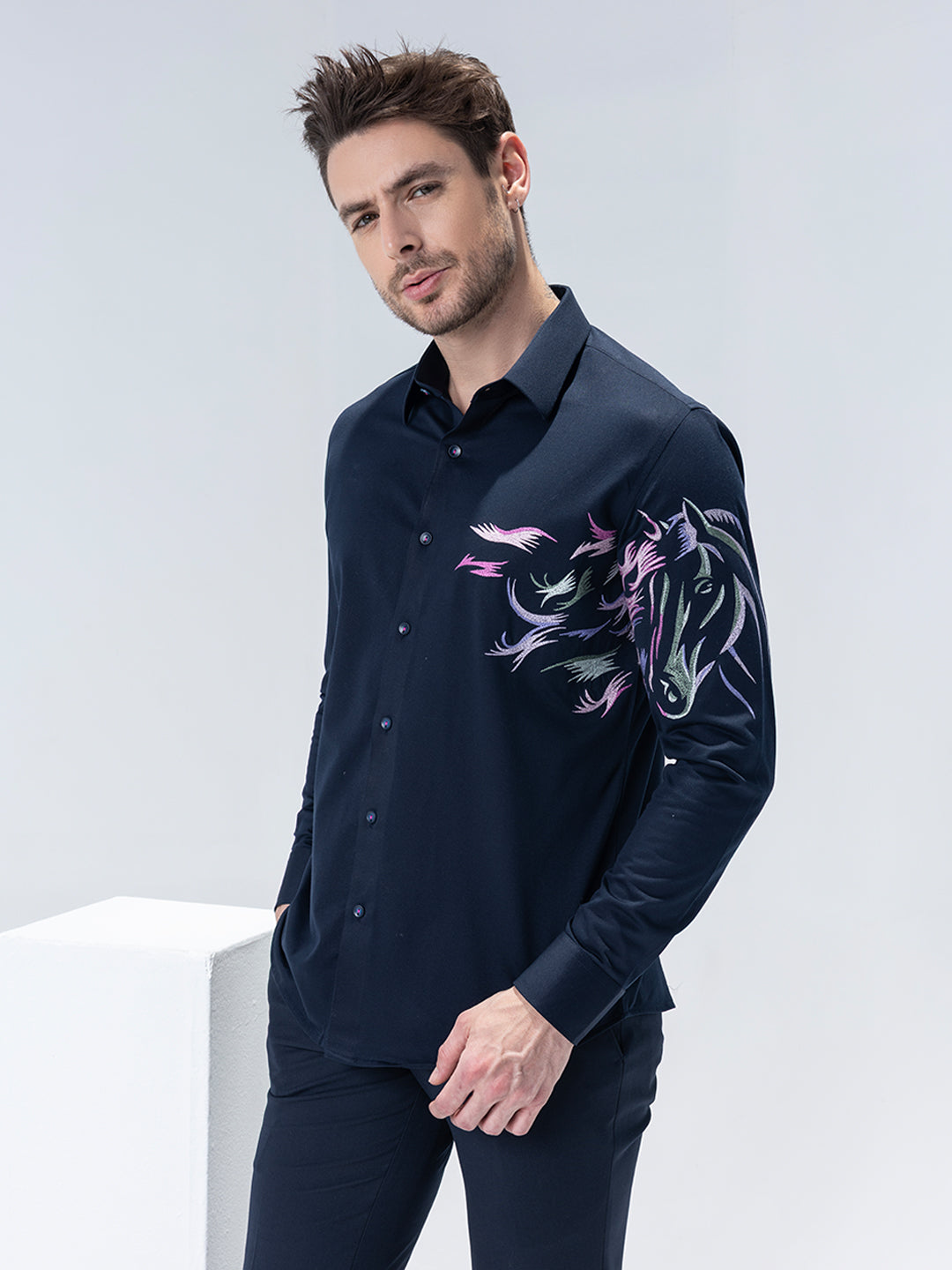 Amit Arora Men Navy Blue Solid Collar Shirt