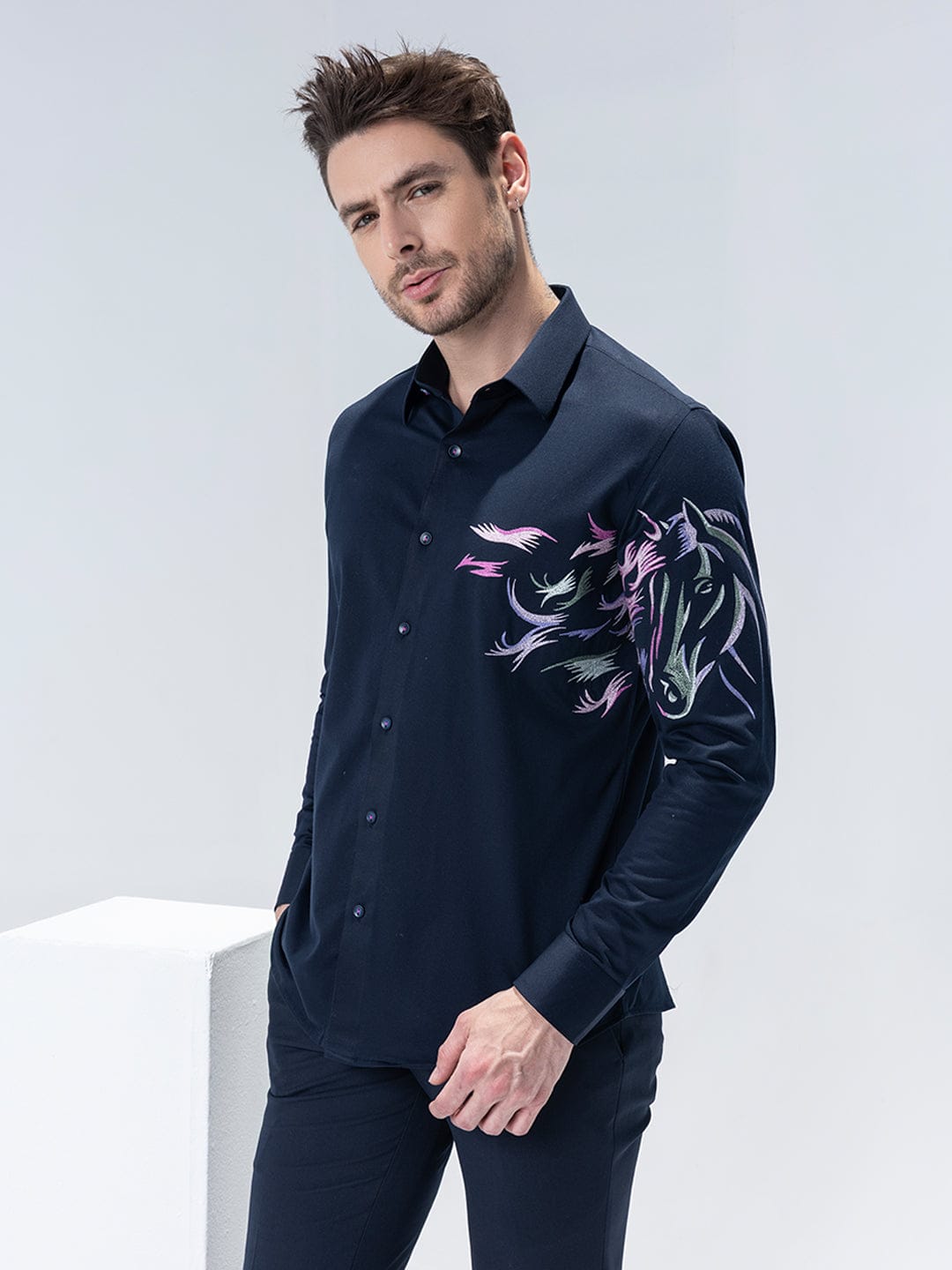 Amit Arora Men Navy Blue Solid Collar Shirt