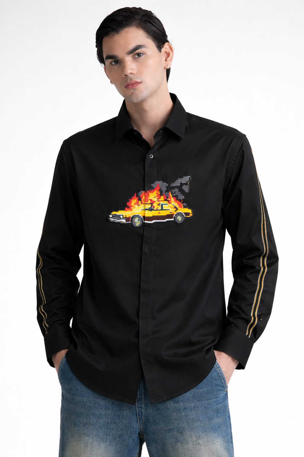 Abkasa Men Black Printed Slim Fit Cotton Shirt