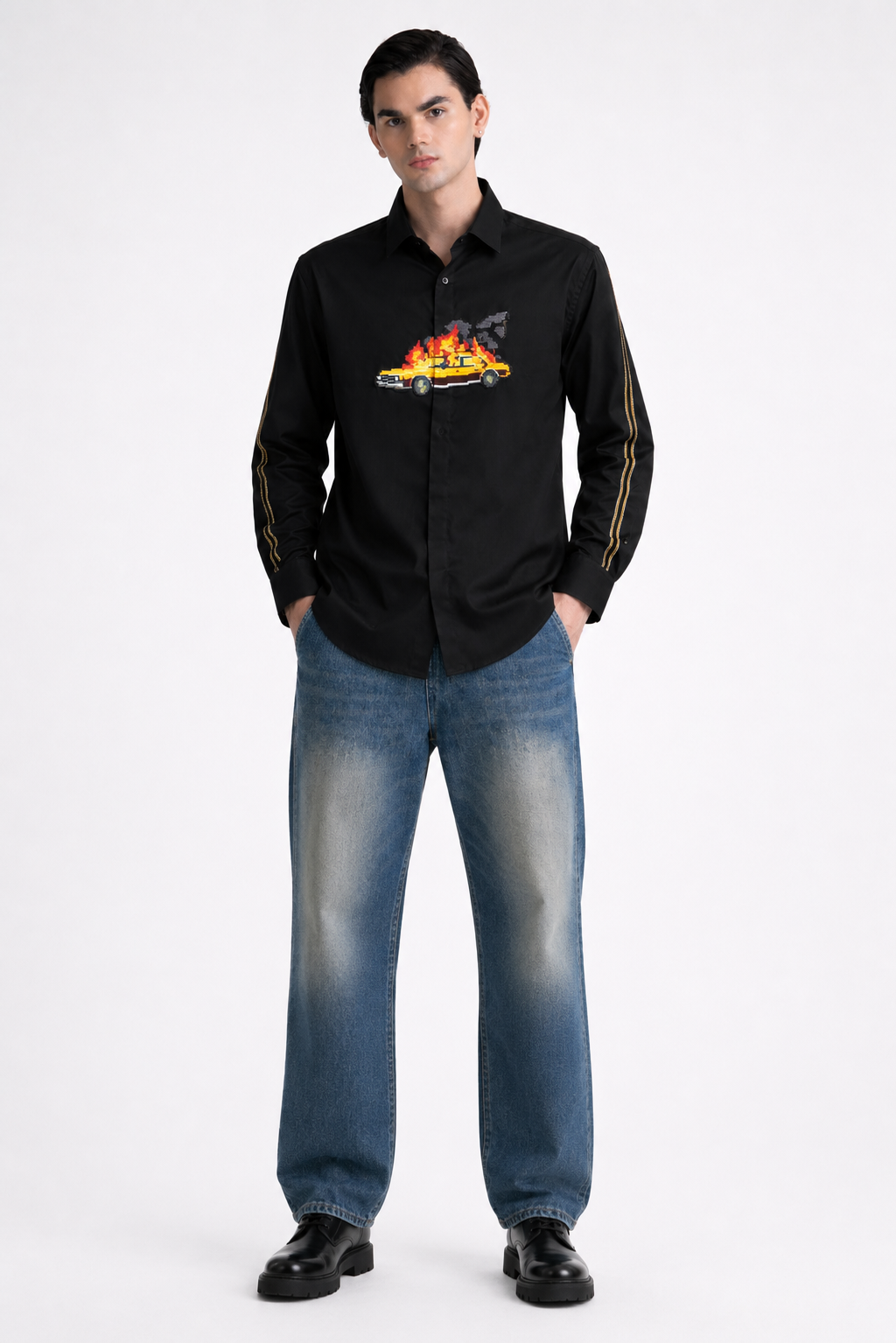 Abkasa Men Black Printed Slim Fit Cotton Shirt
