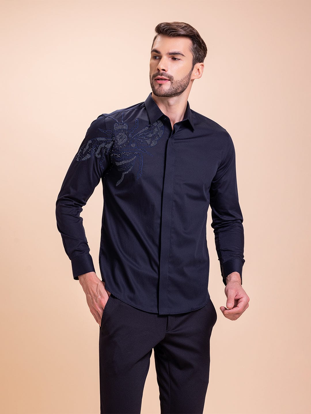 Amit Arora Men Navy Blue Solid Collar Shirt