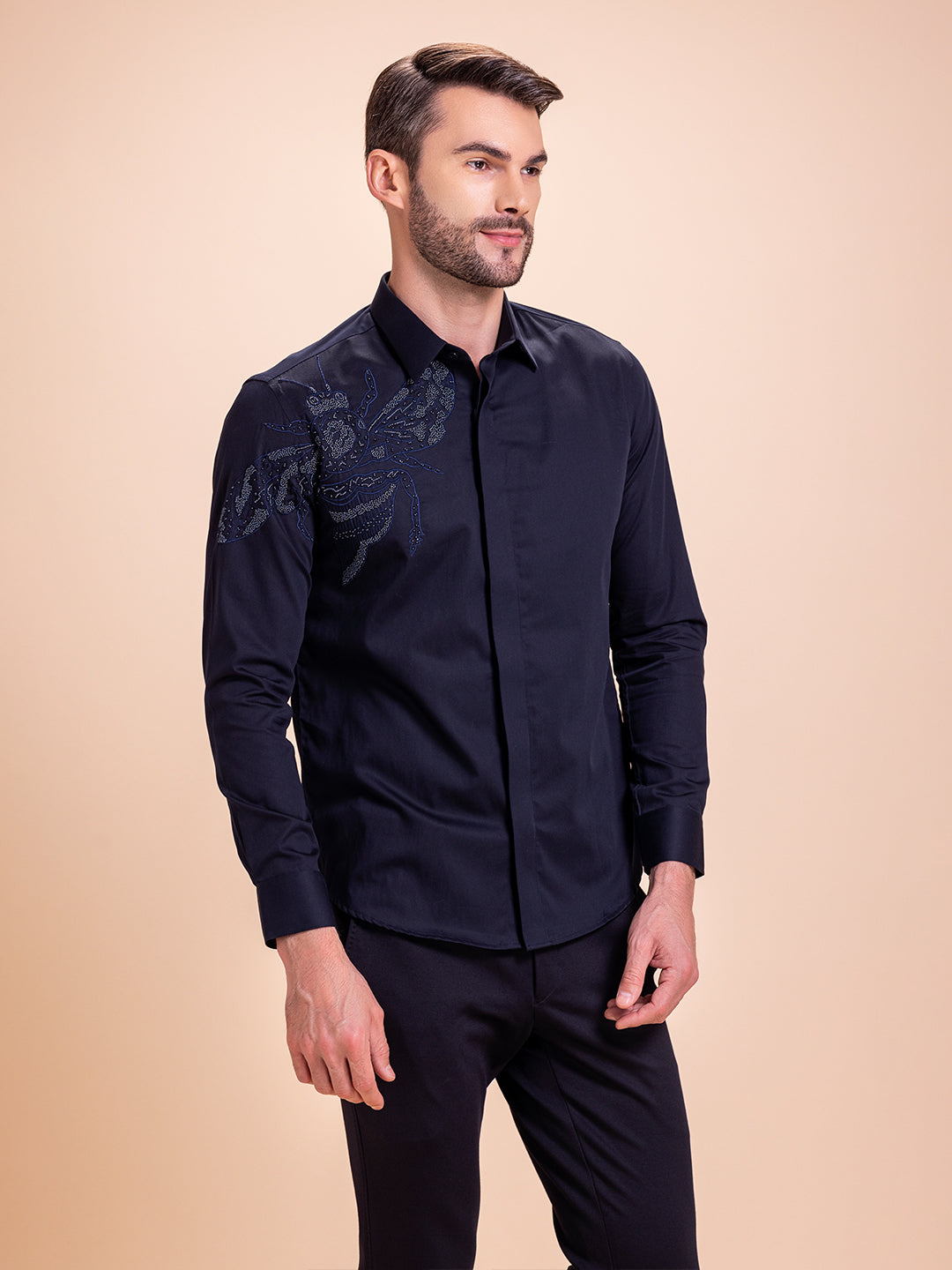 Amit Arora Men Navy Blue Solid Collar Shirt