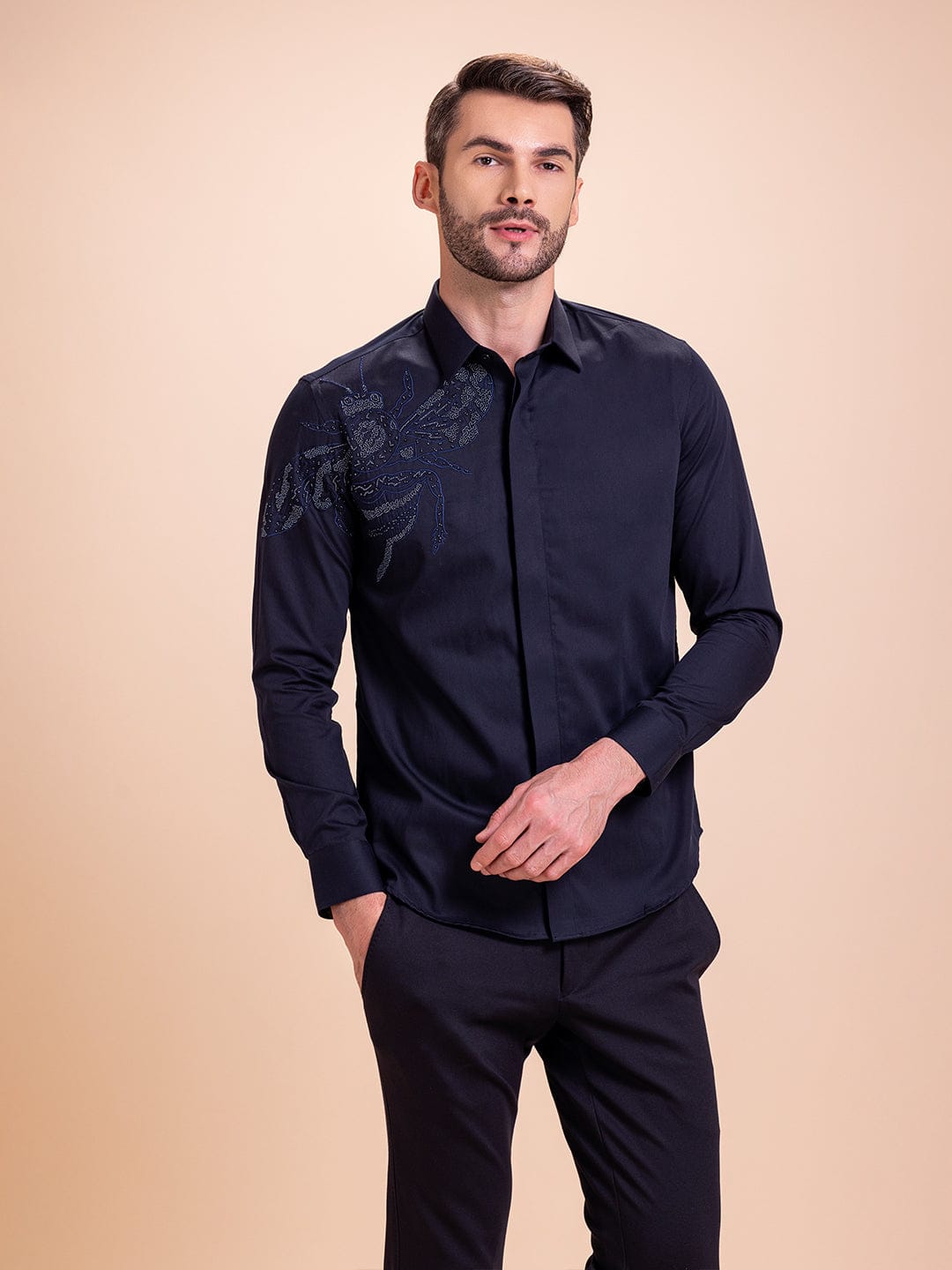 Amit Arora Men Navy Blue Solid Collar Shirt