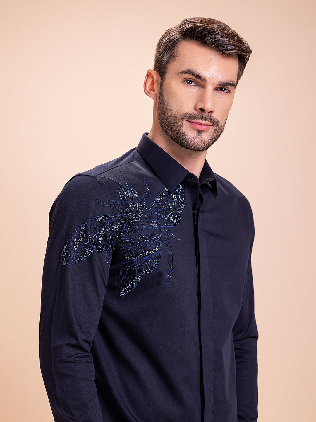 Amit Arora Men Navy Blue Solid Collar Shirt