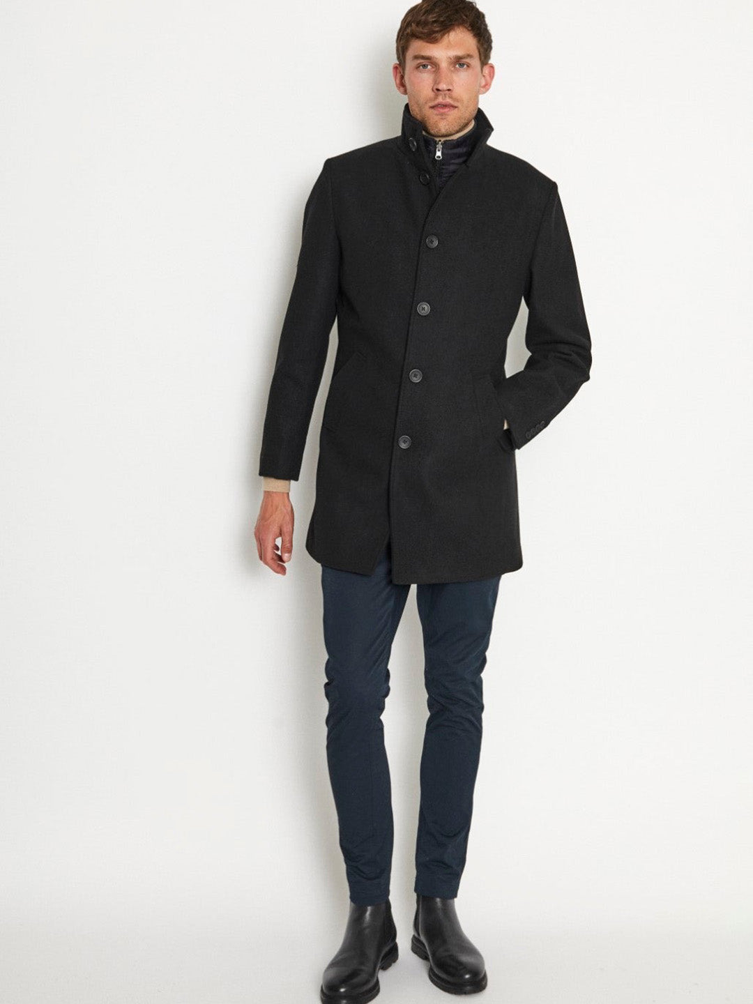 Bruun & Stengade Men Solid Stand Collar Full Sleeves Coat