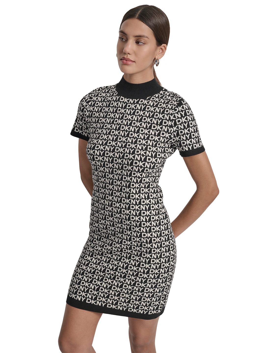 DKNY Women Black Jacquard Round Neck Dress