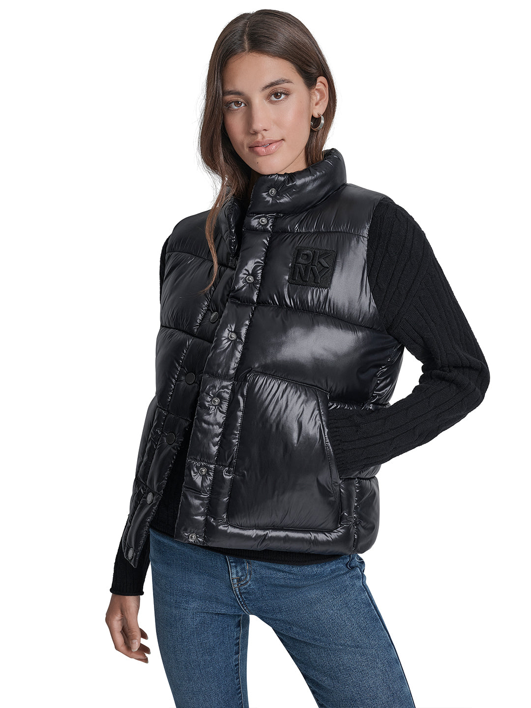 DKNY Women Black Solid Stand Collar Jacket