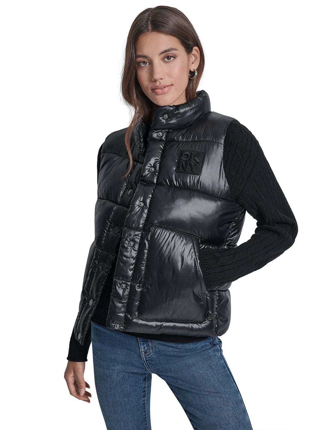 DKNY Women Black Solid Stand Collar Jacket