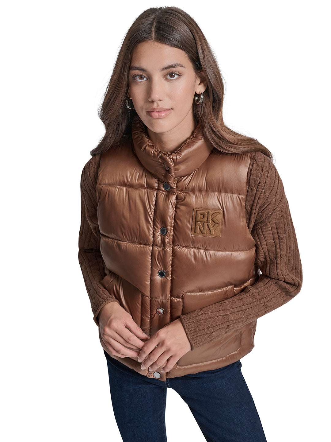 DKNY Women Brown Solid Stand Collar Jacket
