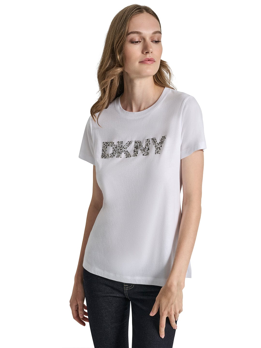 DKNY Women Cream Embroidered Round Neck Tshirt