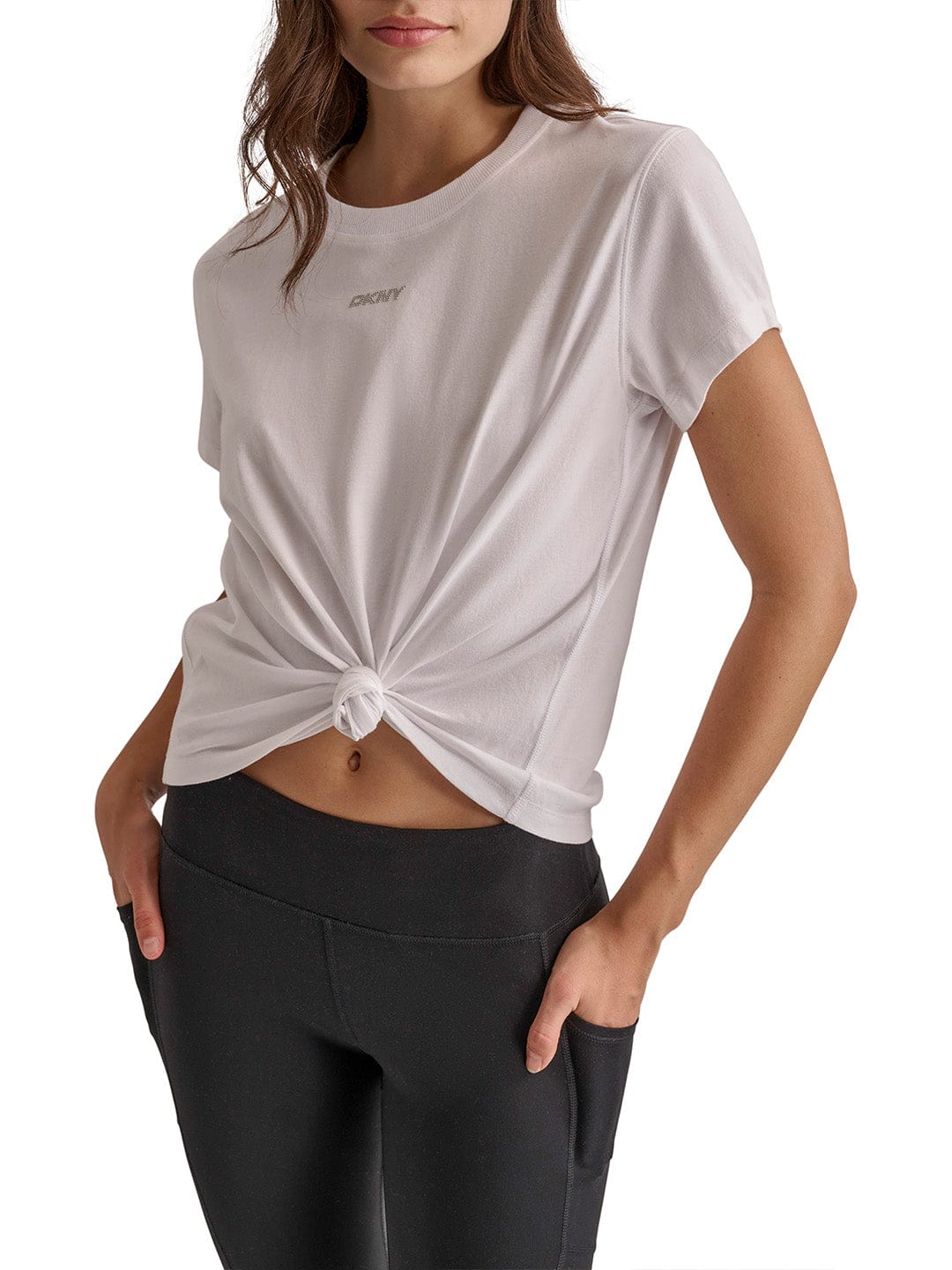 DKNY Women White Solid Round Neck Tshirt