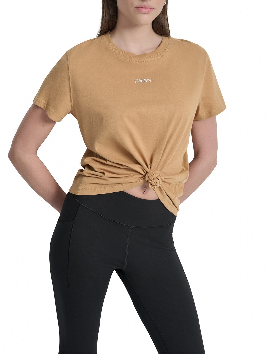 DKNY Women Brown Solid Round Neck Tshirt