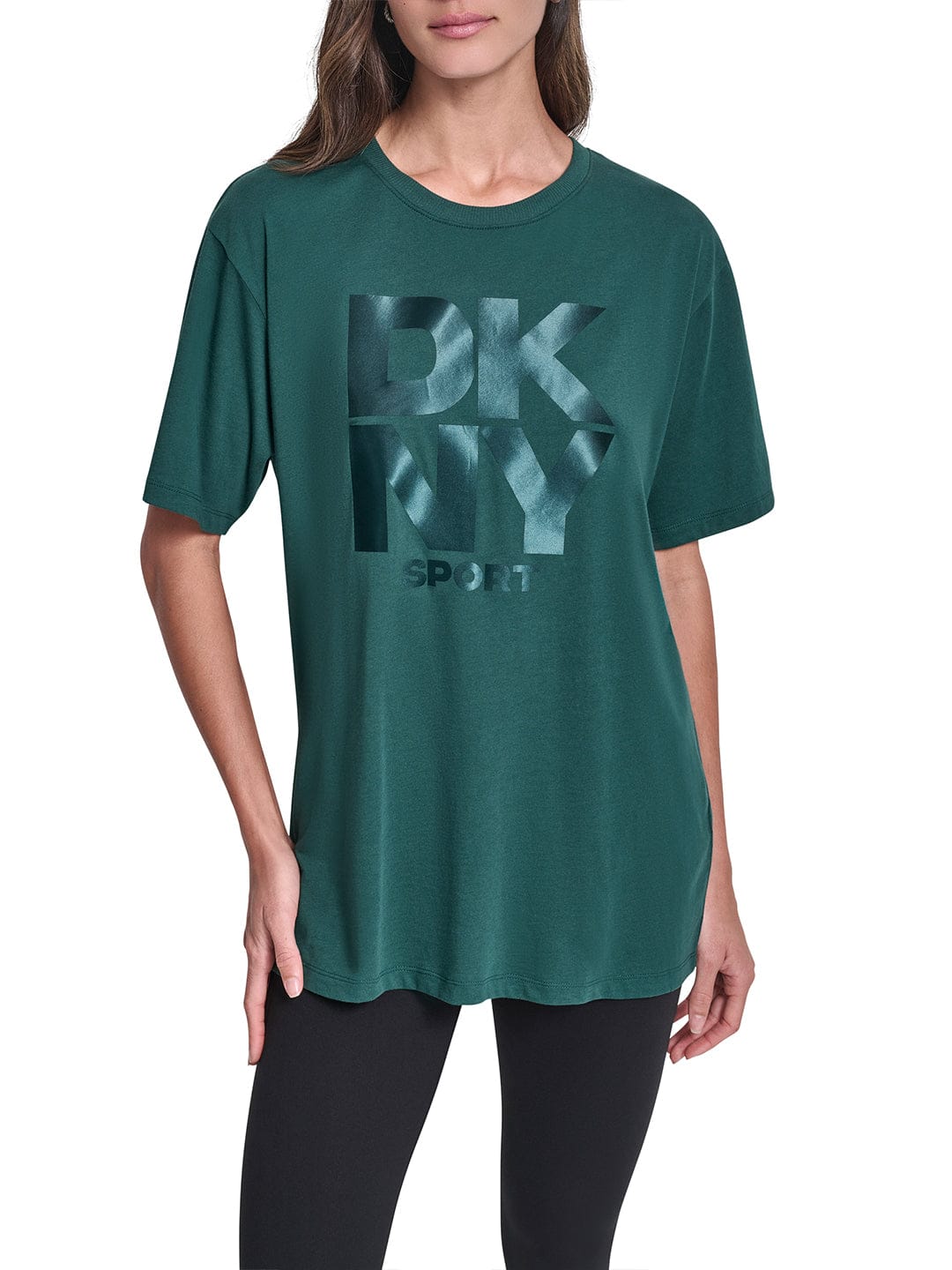 DKNY Women Green Solid Round Neck Tshirt