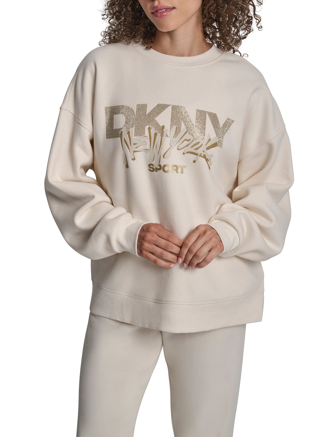DKNY Women Cream Placement Print Round Neck Sweatshirt