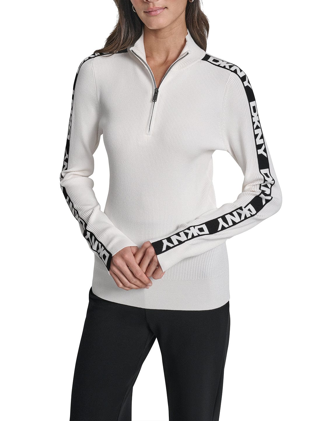 DKNY Women White Tape Stand Collar Sweater