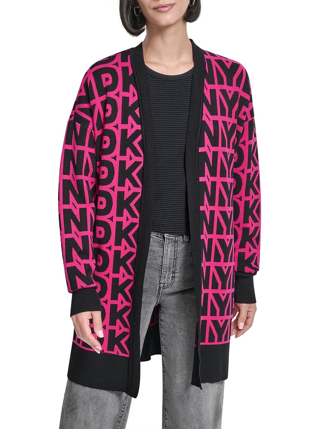 DKNY Women Pink Printed Mandarin Collar Sweater