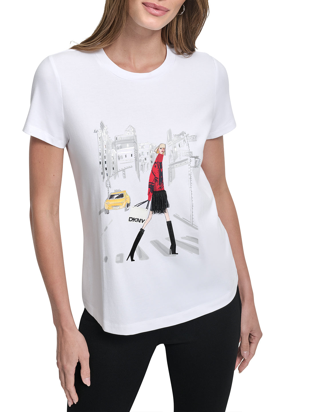 DKNY Women White Placement Print Round Neck Tshirt