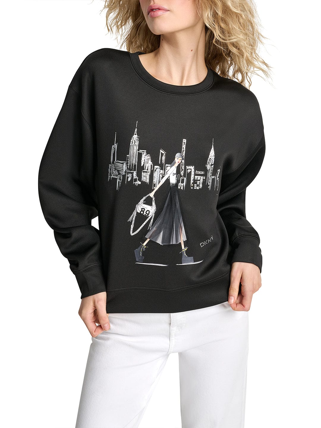 DKNY Women Black Placement Print Round Neck Sweatshirt