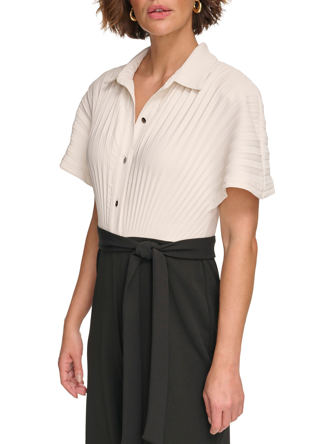 DKNY Women Black Printed Shirt Collar Short Sleeves Jumpsuit