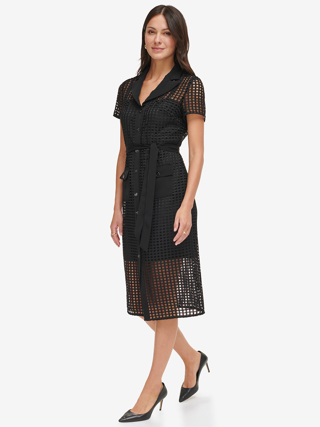 DKNY Women Black Solid Shirt Collar Short Sleeves Dress