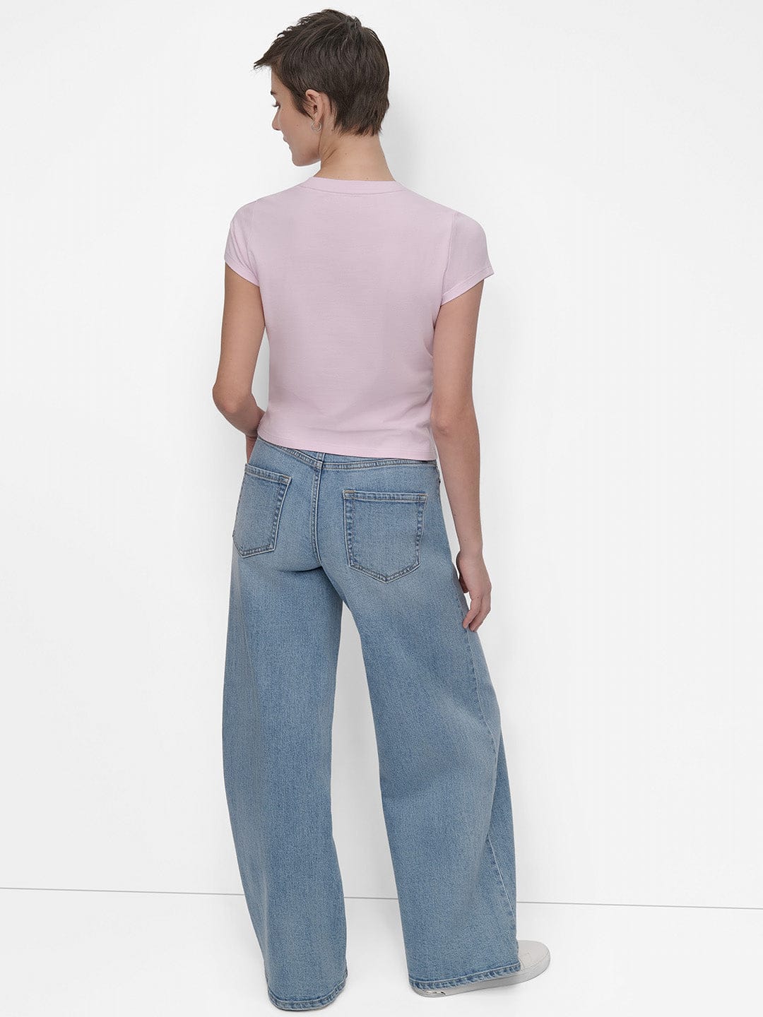 DKNY Women Pink Solid Round Neck Tshirt