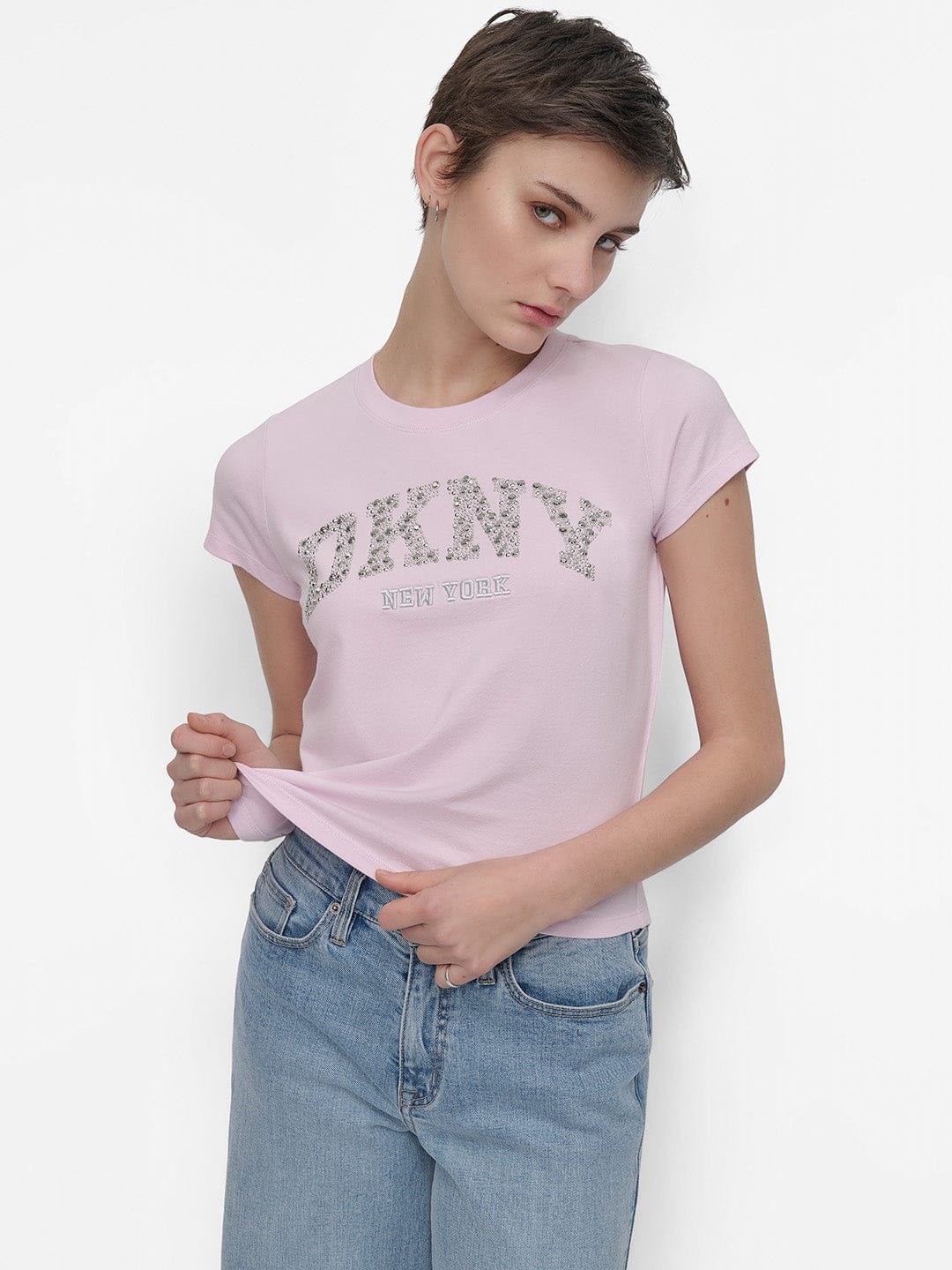 DKNY Women Pink Solid Round Neck Tshirt