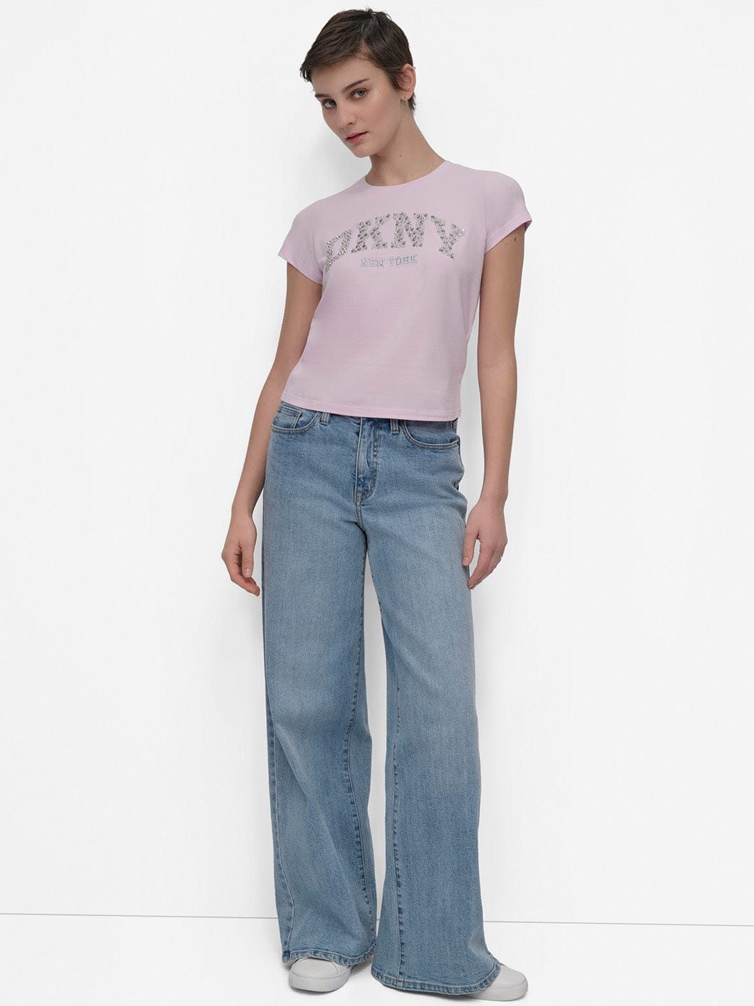 DKNY Women Pink Solid Round Neck Tshirt