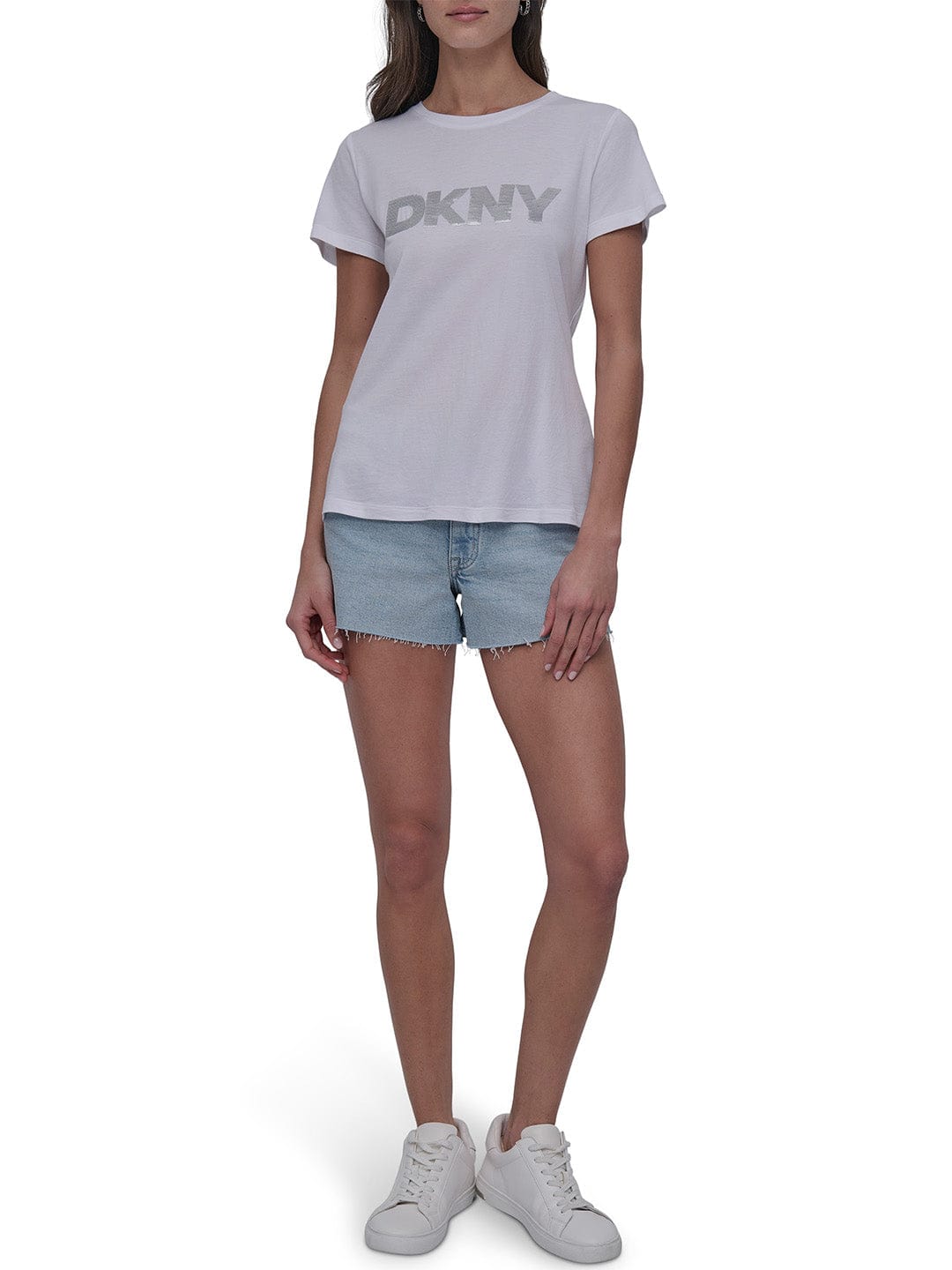 DKNY Women White Solid Round Neck Tshirt