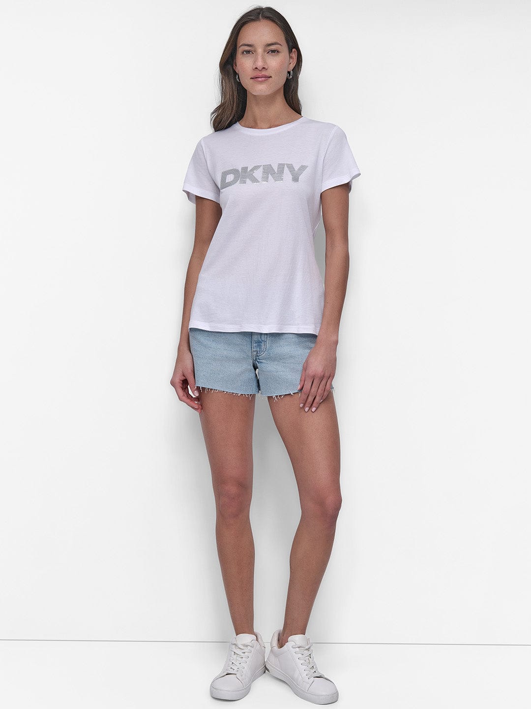 DKNY Women White Solid Round Neck Tshirt