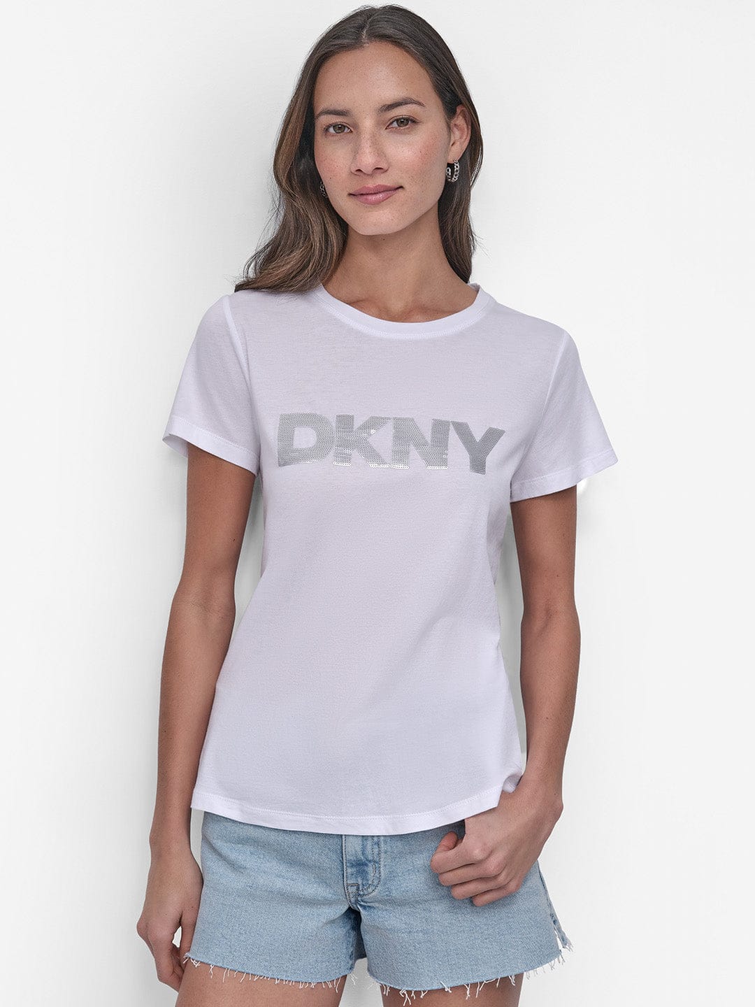 DKNY Women White Solid Round Neck Tshirt