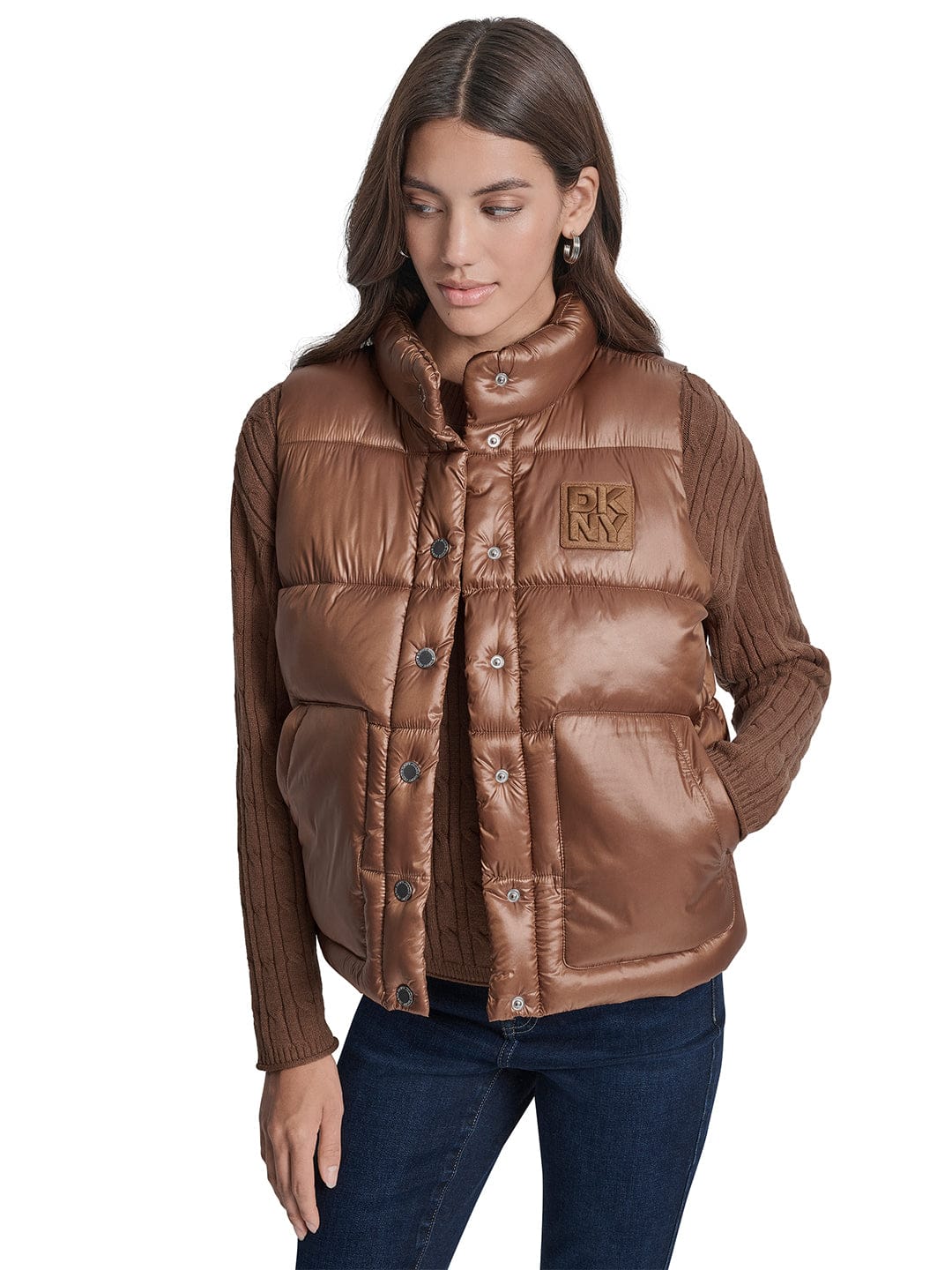 DKNY Women Brown Solid Stand Collar Jacket