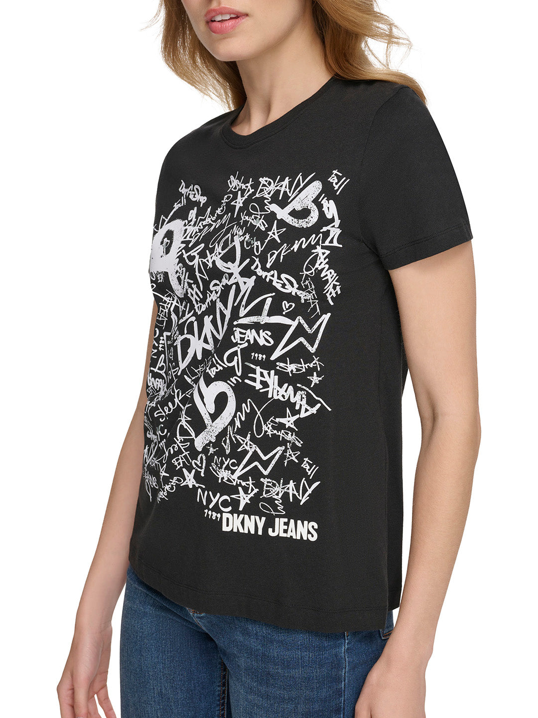 Shop DKNY Women Black Printed Round Neck Short Sleeves T-Shirt Online