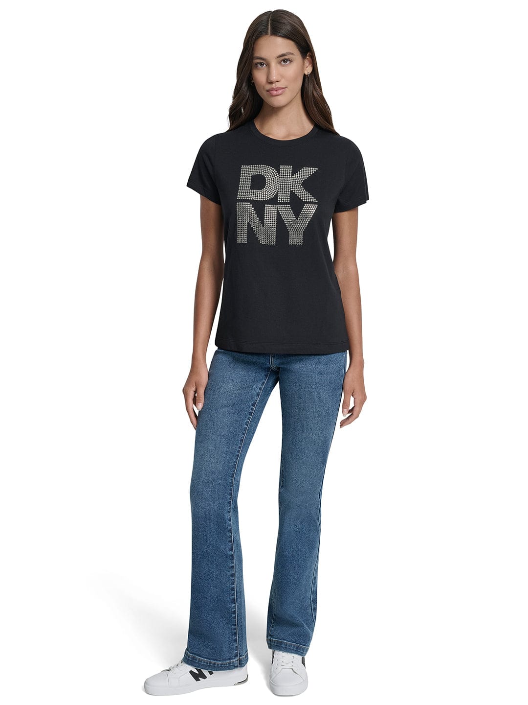 DKNY Women Black Embellished Round Neck Tshirt