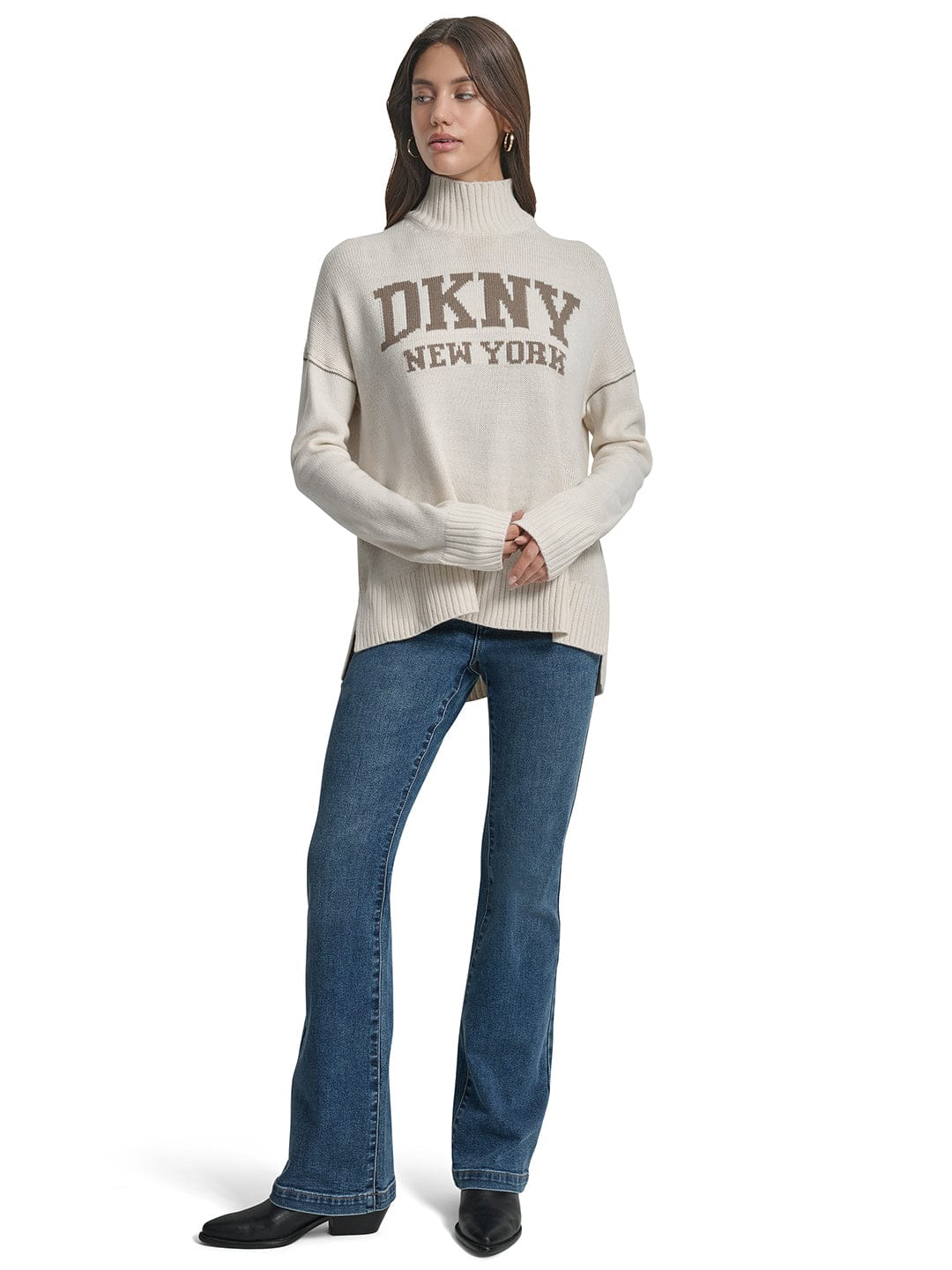 DKNY Women Beige Solid Turtle Neck Sweater