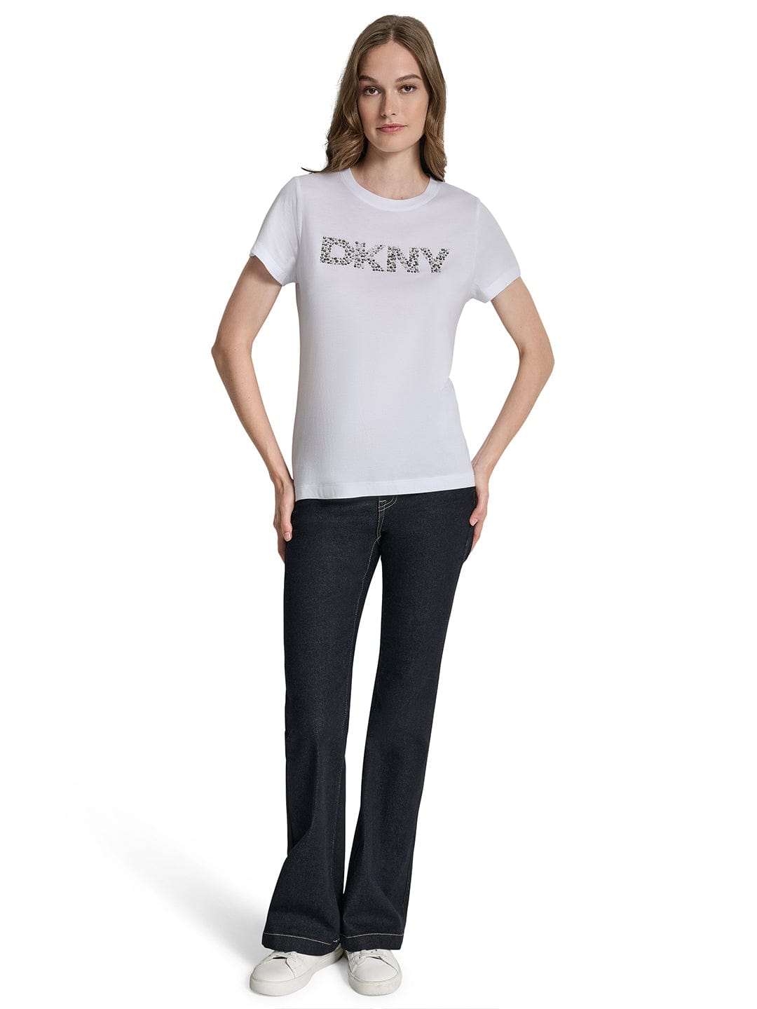 DKNY Women Cream Embroidered Round Neck Tshirt