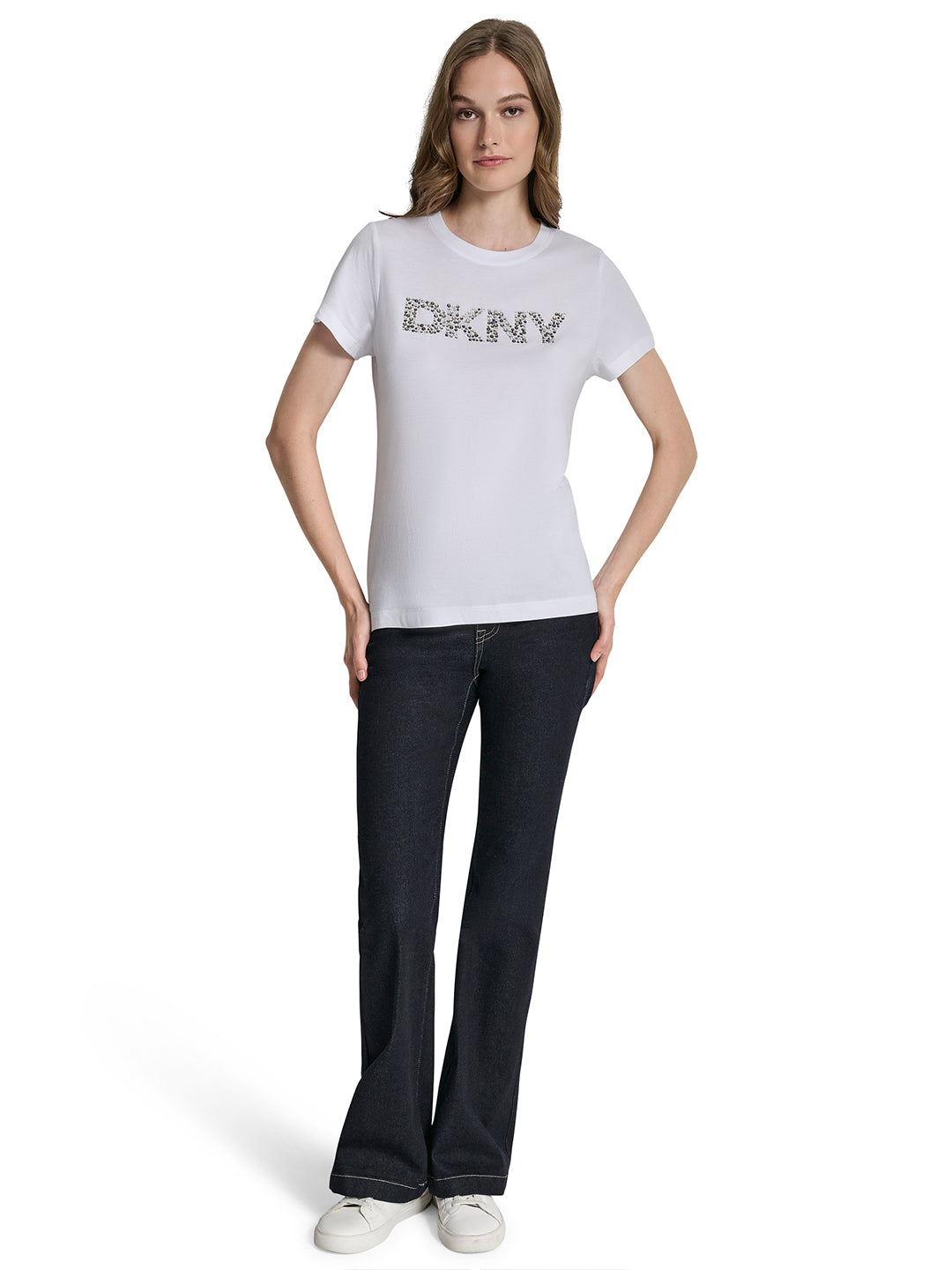 DKNY Women Cream Embroidered Round Neck Tshirt