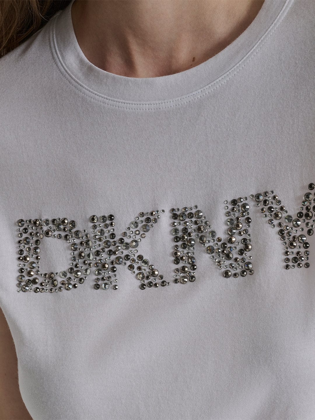 DKNY Women Cream Embroidered Round Neck Tshirt