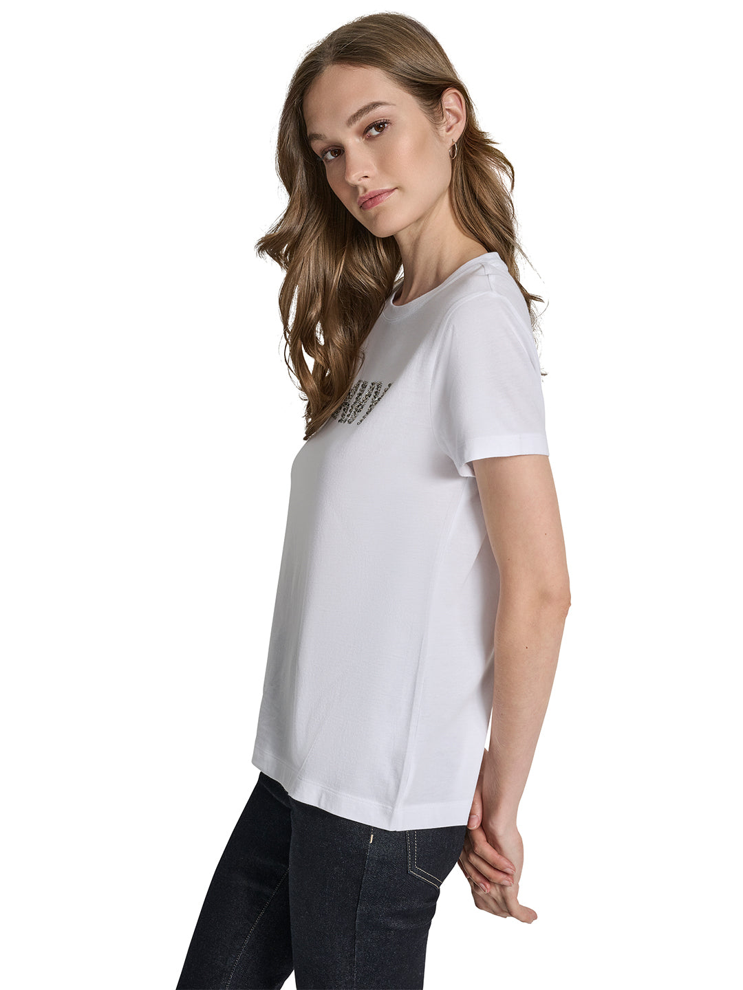 DKNY Women Cream Embroidered Round Neck Tshirt