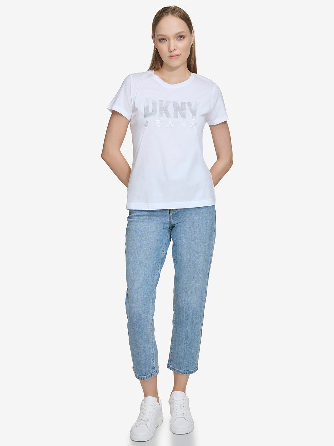 DKNY Women White Printed Round Neck Short Sleeves T-Shirt
