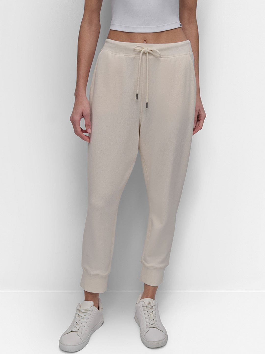 Shop DKNY Women Cream Jogger Fit Solid Trouser Online