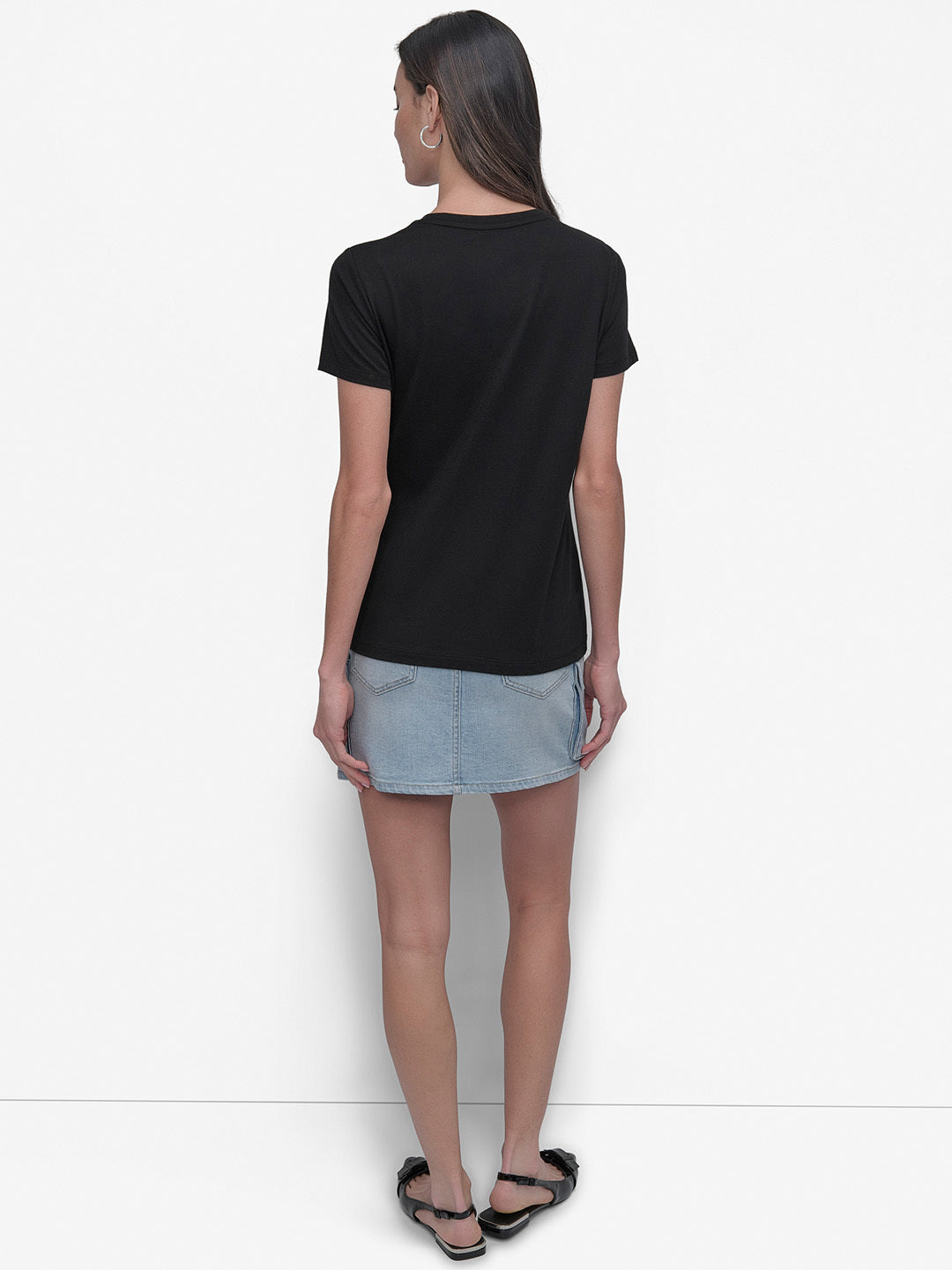 DKNY Women Black Embellished Round Neck TShirt