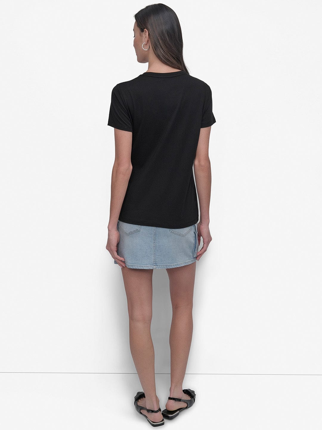 DKNY Women Black Embellished Round Neck TShirt