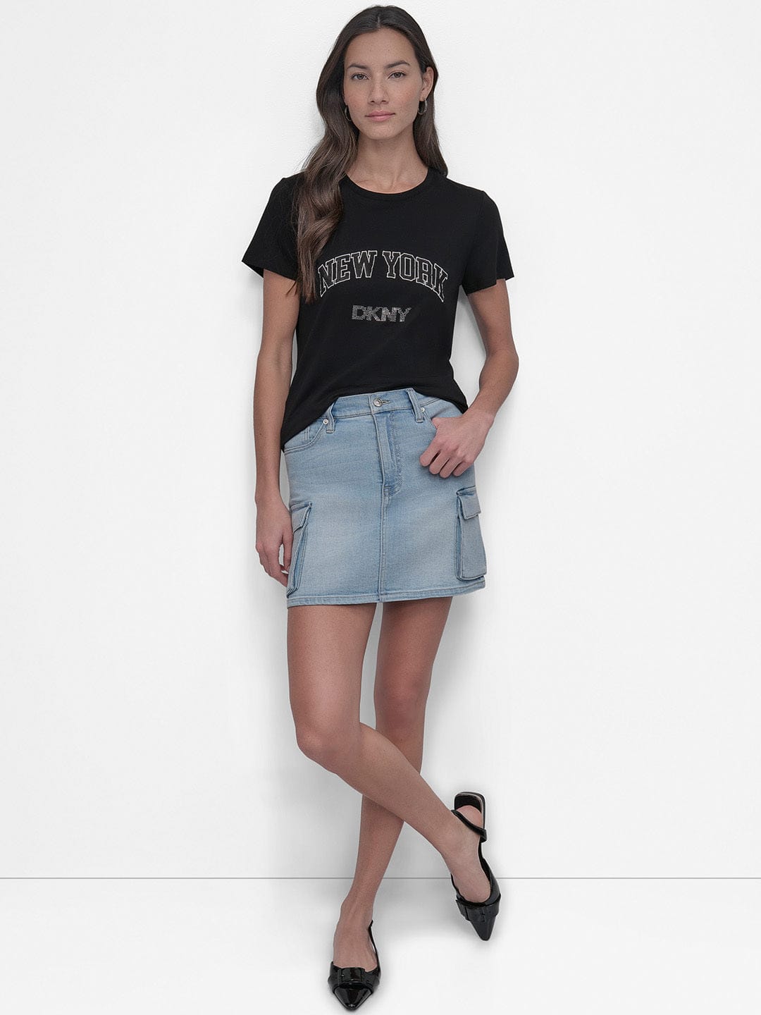 DKNY Women Black Embellished Round Neck TShirt