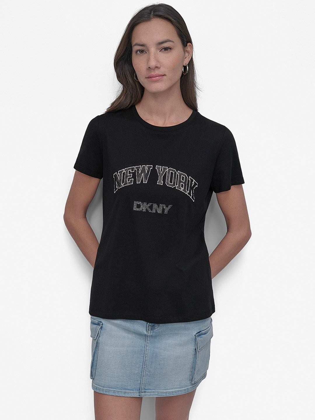 DKNY Women Black Embellished Round Neck TShirt